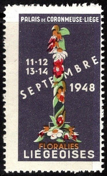 1948 Belgium Poster Stamp Liège Flower Show Coronmeuse Palace Liège