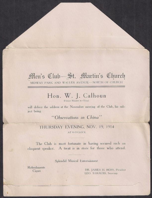 PATENT FOLDED MAILER w #405 CHICAGO Men's Club talk featured W J CALHOUN CHINA !