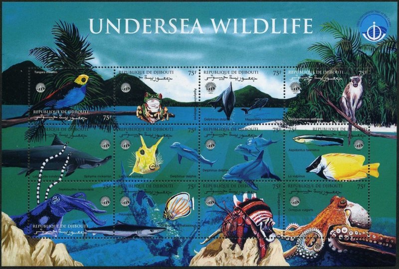Djibouti 777 al sheet, MNH. Mi 648-659. UN Year of the Ocean. Undersea wildlife.