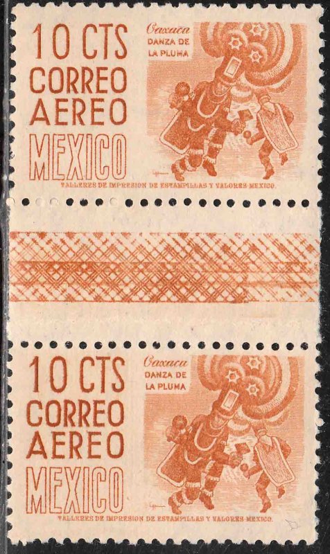 MEXICO C209a 10¢ 1950 Definitive GUTTER PAIR wmk 300 HORIZ ORANGE, MINT, NH VF.