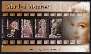 GUYANA - 2007 - Marilyn Monroe - Perf 4v Sheet - Mint Never Hinged