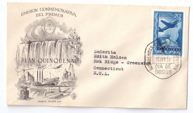 Argentina FDC C60 Airmail 1951 Cover Plan Quinquenal Cachet