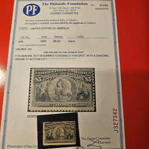 US 245  Columbus 5$ Mint / re-gummed  with PF Certification