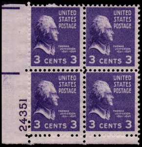 US #807 JEFFERSON MNH LL PLATE BLOCK #24351