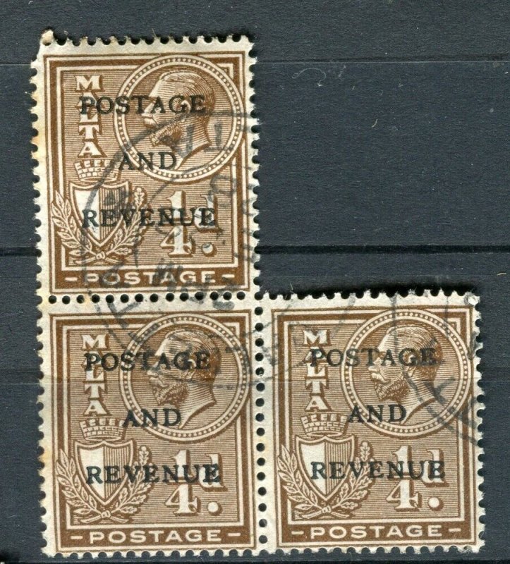 MALTA; 1920s early GV Postage Revenue Optd. issue fine used 1/2d. Pair