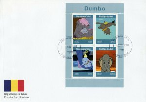 Disney Stamps Chad 2019 FDC Dumbo Elephants Cartoons Animation 4v M/S