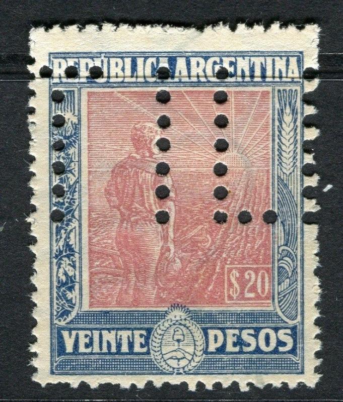 ARGENTINA;  1911 early Ploughman issue fine used 20P. value + Large PERFIN