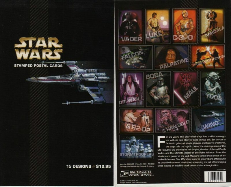 2007 Star Wars Sc UX489-501 UX503a mint booklet 15 postal cards