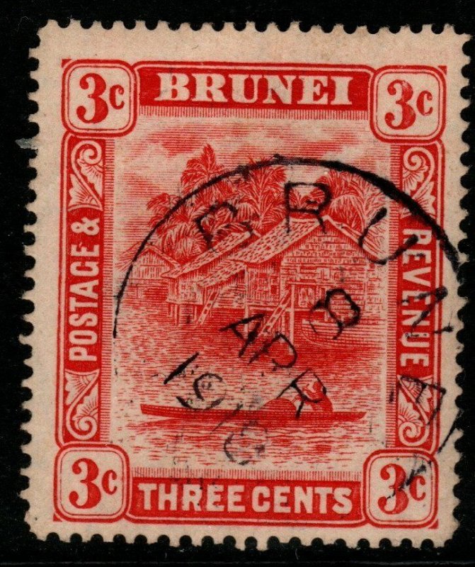 BRUNEI SG38 1916 3c SCARLET TYPE II FINE USED 