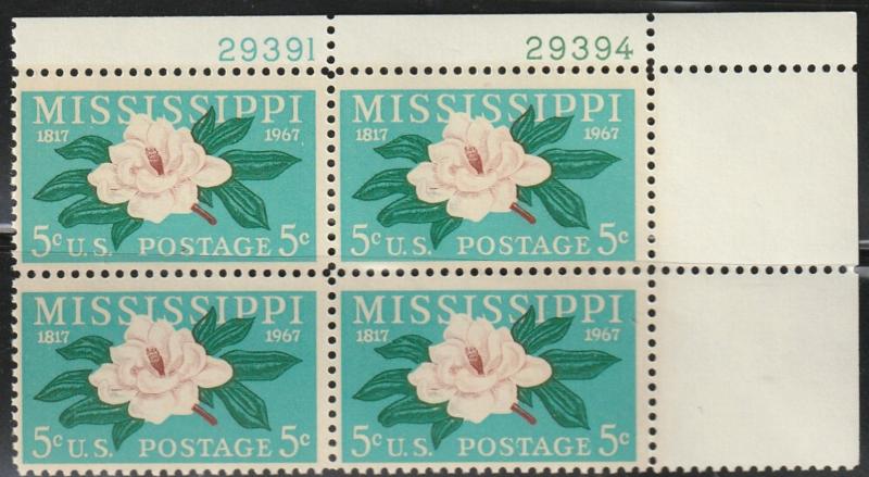 USA stamp, Scott#1337, block of four, mnh, plate number, Statehood, Miss,