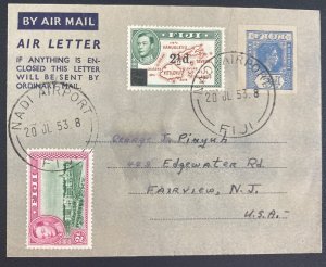 1953 Nadi Airport Fiji Air letter Cover To Fairview NJ Usa