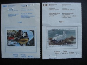 Canada 2 used duck stamps 1993-4 FWH9-10 used on license halves, check them out!