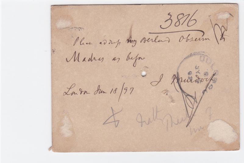 london 1897 to colombo  stamps card ref r15261