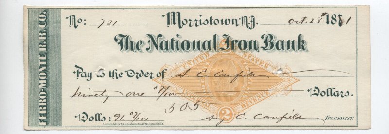 1881 National Iron Bank Ferr-Monte RR Co check RN-G1 Morristown NJ [6455.10]