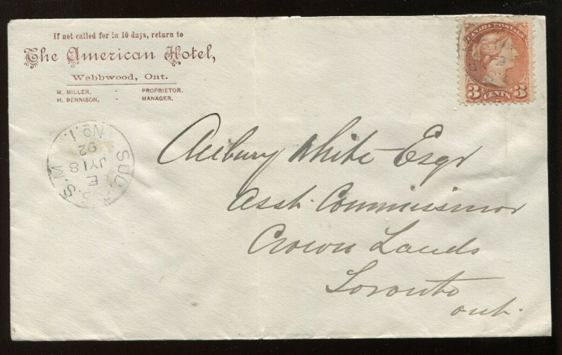 Canada 3 Cent Small Queen on 1892 cacheted Sudbury ON cover to Toronto