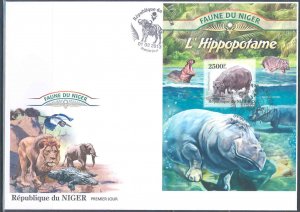 NIGER 2013 FAUNA OF AFRICA HIPPOPOTAMUS  SOUVENIR SHEET FIRST DAY COVER