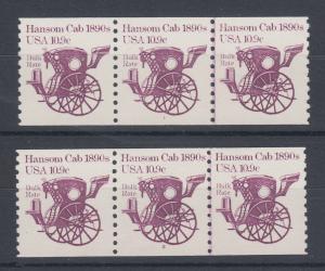 US Sc 1904  MNH. 1982 10.9c purple Hansom Cab, Plates #1 and #2 in strips of 3