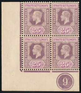 STRAITS SETTLEMENTS 1921 KGV 25c Die I, type I, block plate no 1, wmk script.