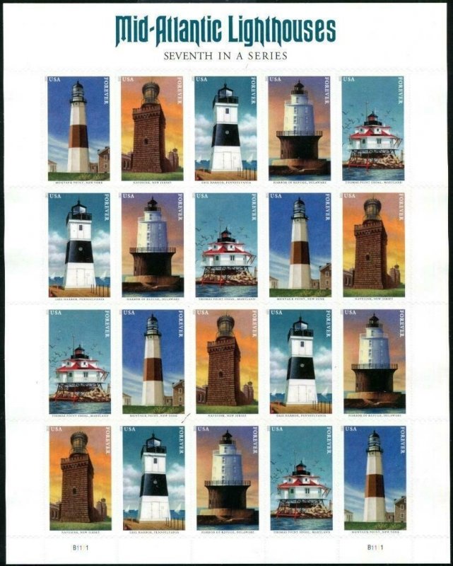 Mid Atlantic Lighthouses Sheet of 20 Current Rate Postage Stamps Scott 5621-25