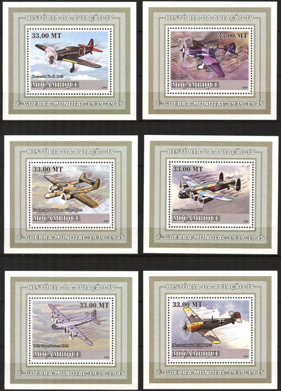 {410} Mozambique 2009 History of Aviation IV Airplanes 6 S/S Deluxe MNH**