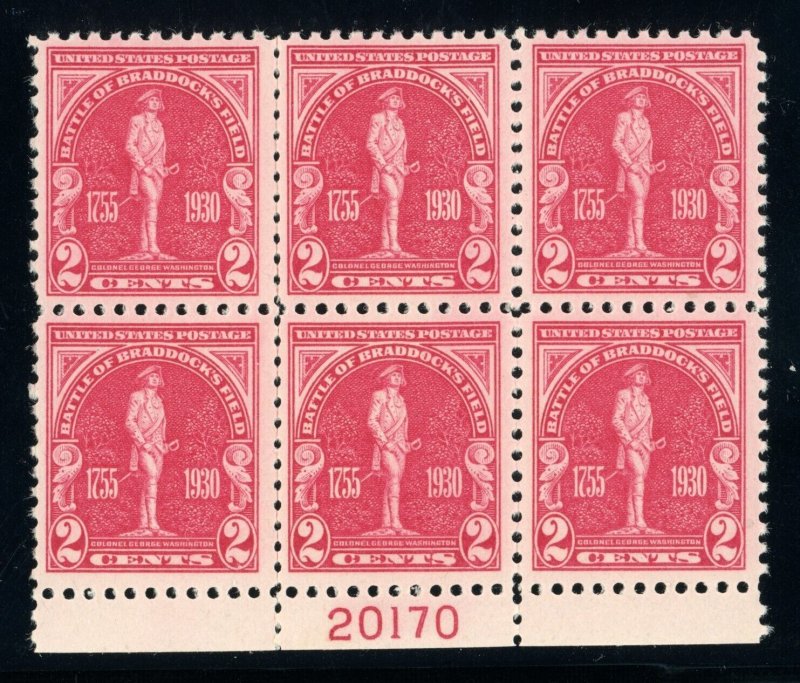 US Stamp #688 Battle of Braddock's Field 2c - Plate Block of 6 - MNH - CV $40.00