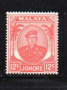 Malaya Johore Sc 139 1952 12c rose red Sultan Ibrahim stamp mint NH