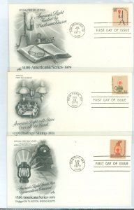 US 1610-12 $1, $2, & $5 high values of Americana series on three unaddressed FDCs each with an artcraft cachet (lamps)