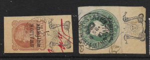 INDIA-GWALIOR 2 STAMPS FROM PRE-PRINTED POSTAL STATIONERY ENVELOPES USED