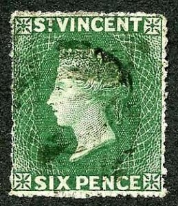 St Vincent SG4 1862 6d Deep Green No Wmk Rough Perf 14 to 16