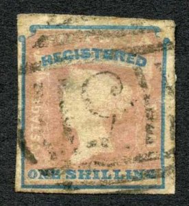 Victoria SG34 1/- (registered) Rose-pink and Blue (thin) Cat 200 pounds 