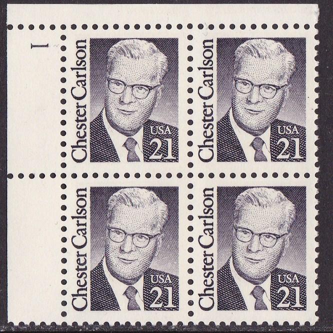 Great Americans Issue of 1986-94 21c Chester Carlson Plate Number Block-4 VF/NH