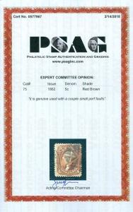 EDW1949SELL : USA 1862 Scott #75 Used. Choice color. PSAG Certificate. Cat $475.