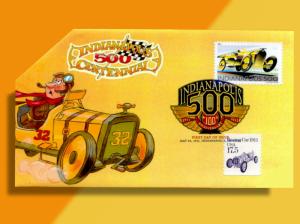 Indianapolis 500 Centennial -- Racer Chased By Giant Bug on Colorful Pop-Up  FDC