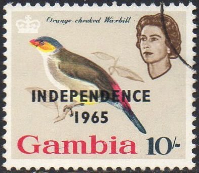 Gambia 1965 10/-  Orange-cheeked waxbill  with 'Independence 1965' ovpt used