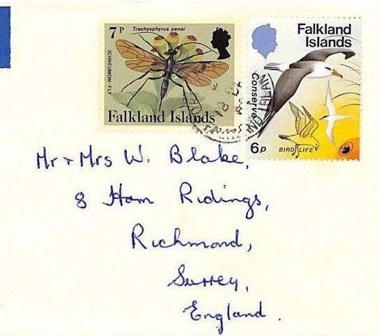 FALKLAND ISLANDS Commercial Air Mail BIRDS MOTHS Cover FARMING Surrey 1984 SS189