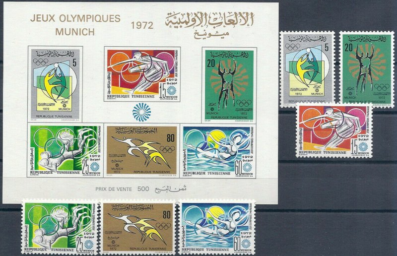 1972 Tunisia Olympics Munich, complete set+Sheet VF/MNH LOOK!