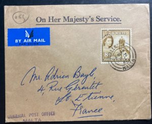 1967 Valletta Malta ON Her majesty Service Airmail Cover to St Etienne France