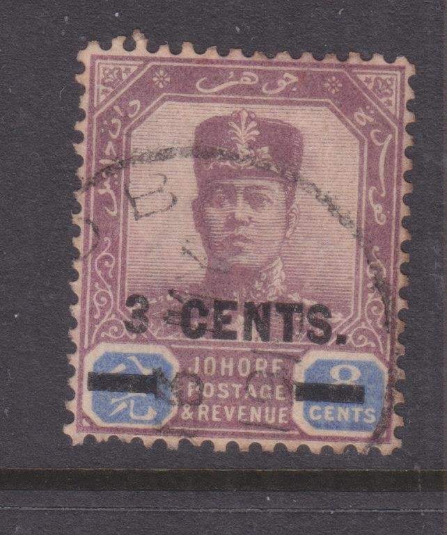 JOHORE, 1912 3 CENTS on 8c. Dull Purple & Blue, used.