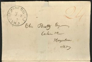 1836  CHAMBERSBURG  Pennsylvania Stampless Letter ~ Black Hand Stamp