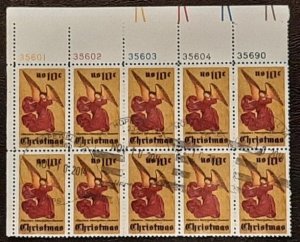 US Scott # 1550; used 10c Christmas Angel from 1974; Pltblk of 10; VF/Xf; off pp