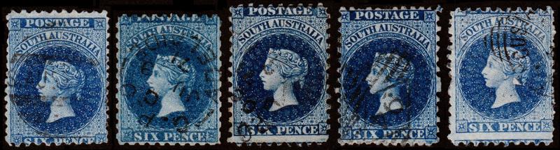 South Australia Scott 47, 47e, 47f, 47g, 47h (1867-71) Used F, CV $68.50 M