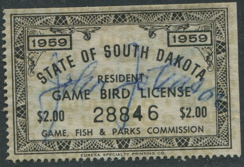 South Dakota 1959 Game Bird Stamp Used VF