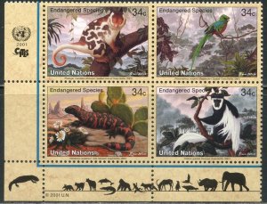 UNITED NATIONS Sc#NY 789-792 GE 367-370 VI 284-287 2001 Endangered Species MNH