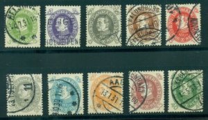 DENMARK #210-19 (246-55) Complete set Chr. X, used, VF, Scott $55.75