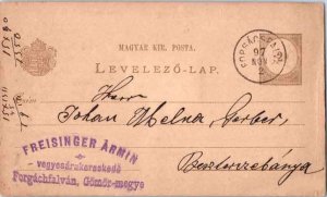 Hungary 2k Numeral Postal Card 1897 Forgacsfalvan to Beszlaverebanya.  Toning.