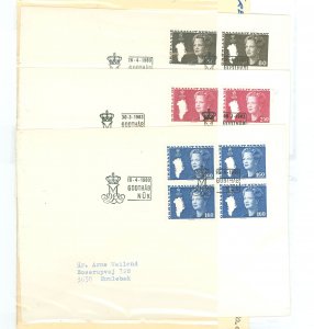Greenland 121/124/127 1980-1983 Queen Margrethe blocks of 4 on 3 FDC. Cat. Val. is for used singles only