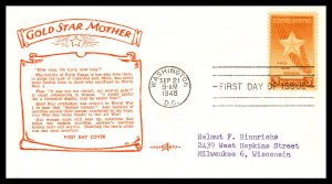 US 969 Gold Star Mothers Pent Arts Typed FDC