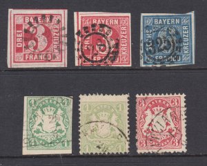 Bavaria Sc 10, 10a, 11, 15, 23a, 24a used. 1862-70 issues, 6 diff, sound, F-VF.