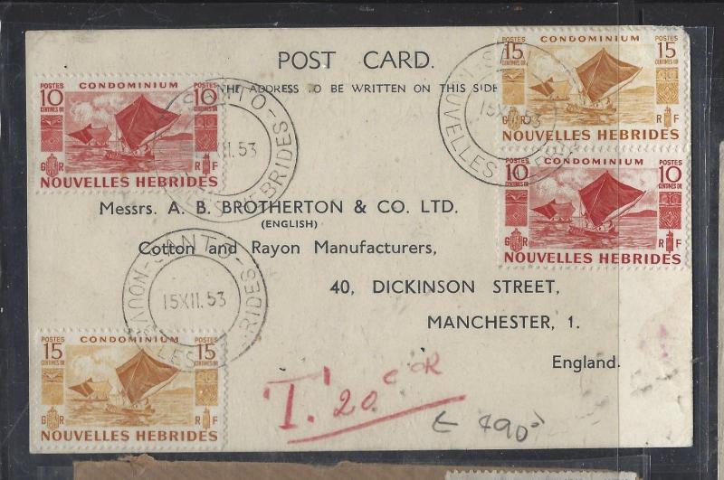 NEW HEBRIDES FRENCH  (P2710B) 1953 PC TO ENGLAND SHORT PAID TAXED 