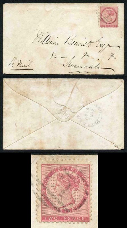 PRINCE EDWARD Is SG12 1862-69 2d rose perf 11.5-12 on Cover